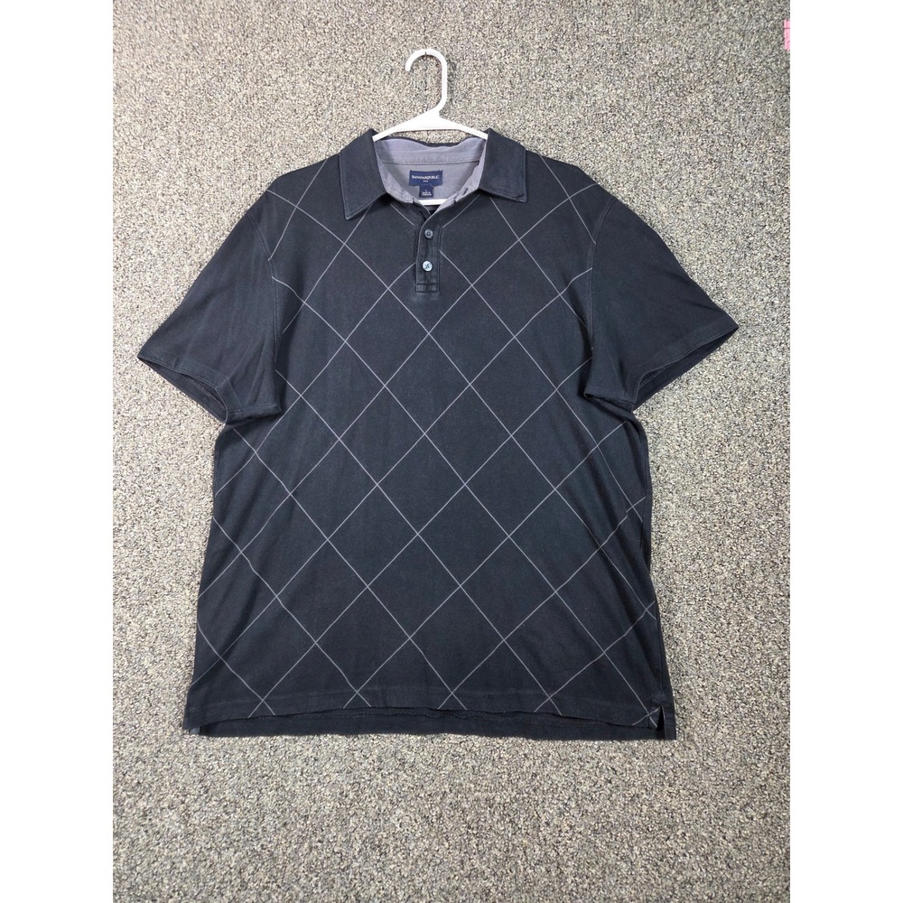 Banana Republic Polo Shirt Mens Large Black Windowpane Grid Short Sleeve‎ Cotton